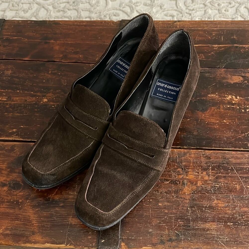 Andre Assous Brown Suede Heeled Penny Loafers Size 9.5